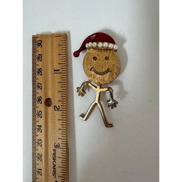Gold-Toned Stick Figure Brooch With Enamel Santa Hat & Faux Pearl Trim - Picture 8 of 16